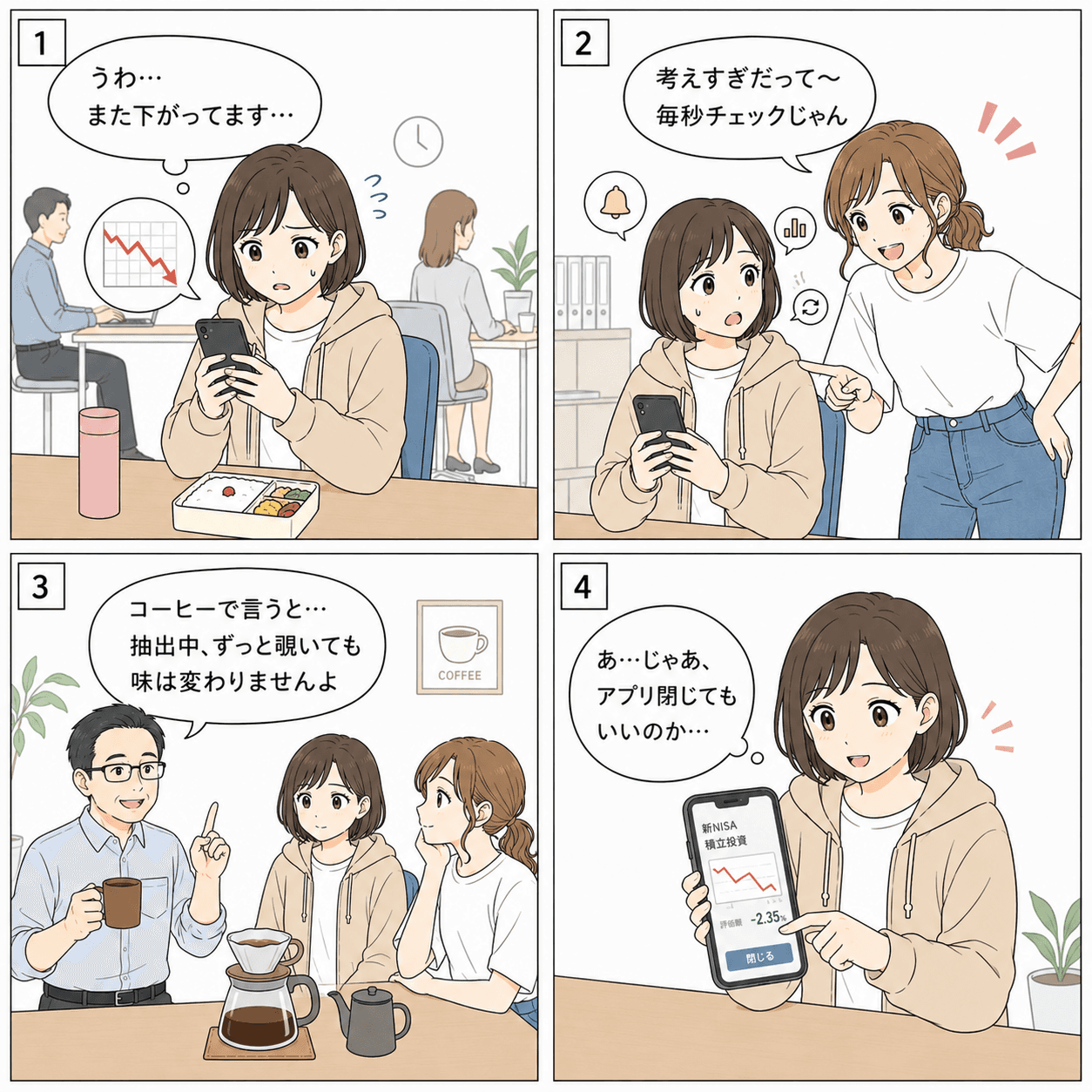 4コマ漫画「毎日チャート見ちゃう」。コマ1（立花ユキ）「うわ…また下がってます…」 / コマ2（鈴木アヤ）「考えすぎだって〜 毎秒チェックじゃん」 / コマ3（田島ヒロシ）「コーヒーで言うと…抽出中、ずっと覗いても味は変わりませんよ」 / コマ4（立花ユキ）「あ…じゃあ、アプリ閉じてもいいのか…」