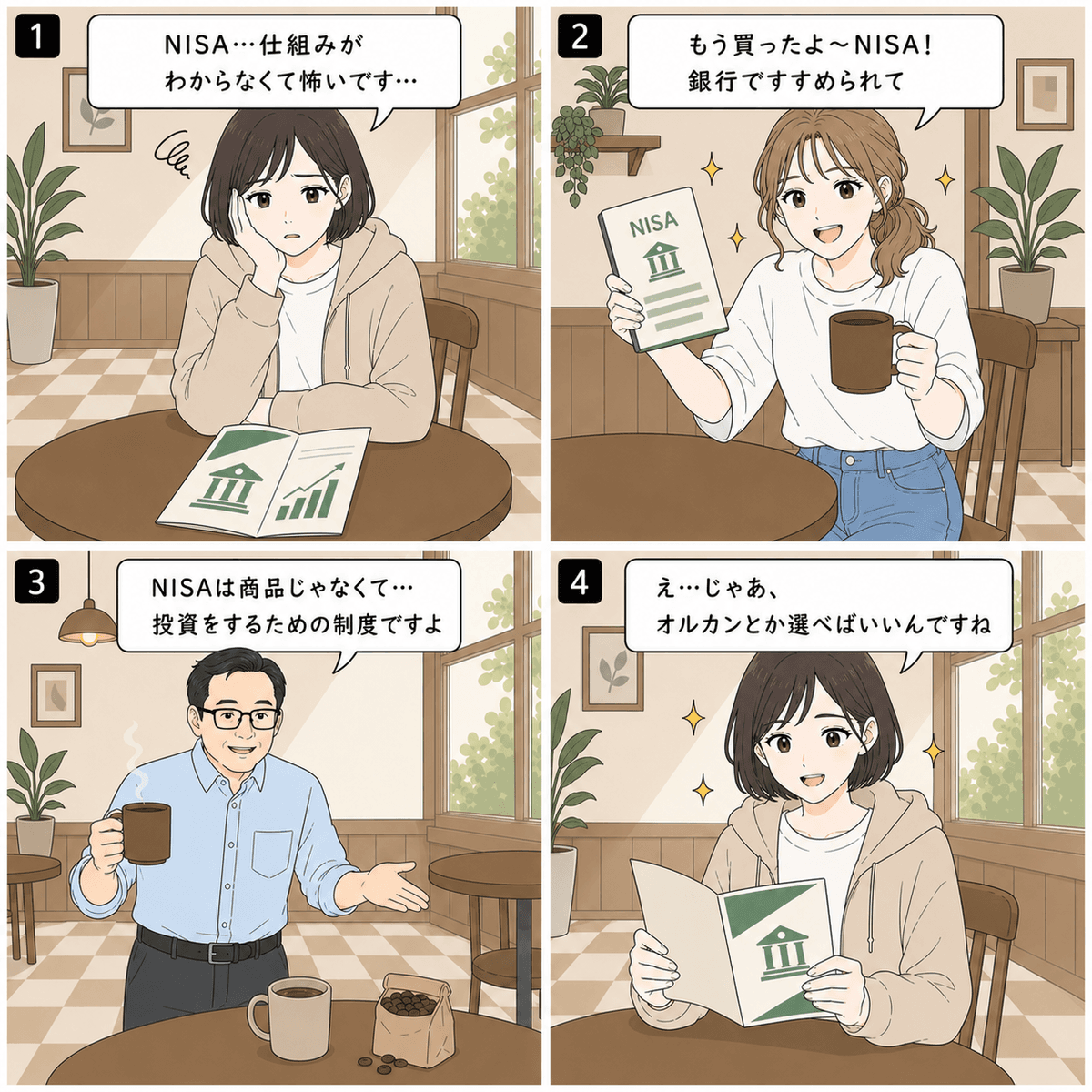 4コマ漫画「NISA怖い」。コマ1（立花ユキ）「NISA…仕組みが わからなくて怖いです…」 / コマ2（鈴木アヤ）「もう買ったよ〜NISA！ 銀行ですすめられて」 / コマ3（田島ヒロシ）「NISAは商品じゃなくて… 投資をするための制度ですよ」 / コマ4（立花ユキ）「え…じゃあ、 オルカンとか選べばいいんですね」