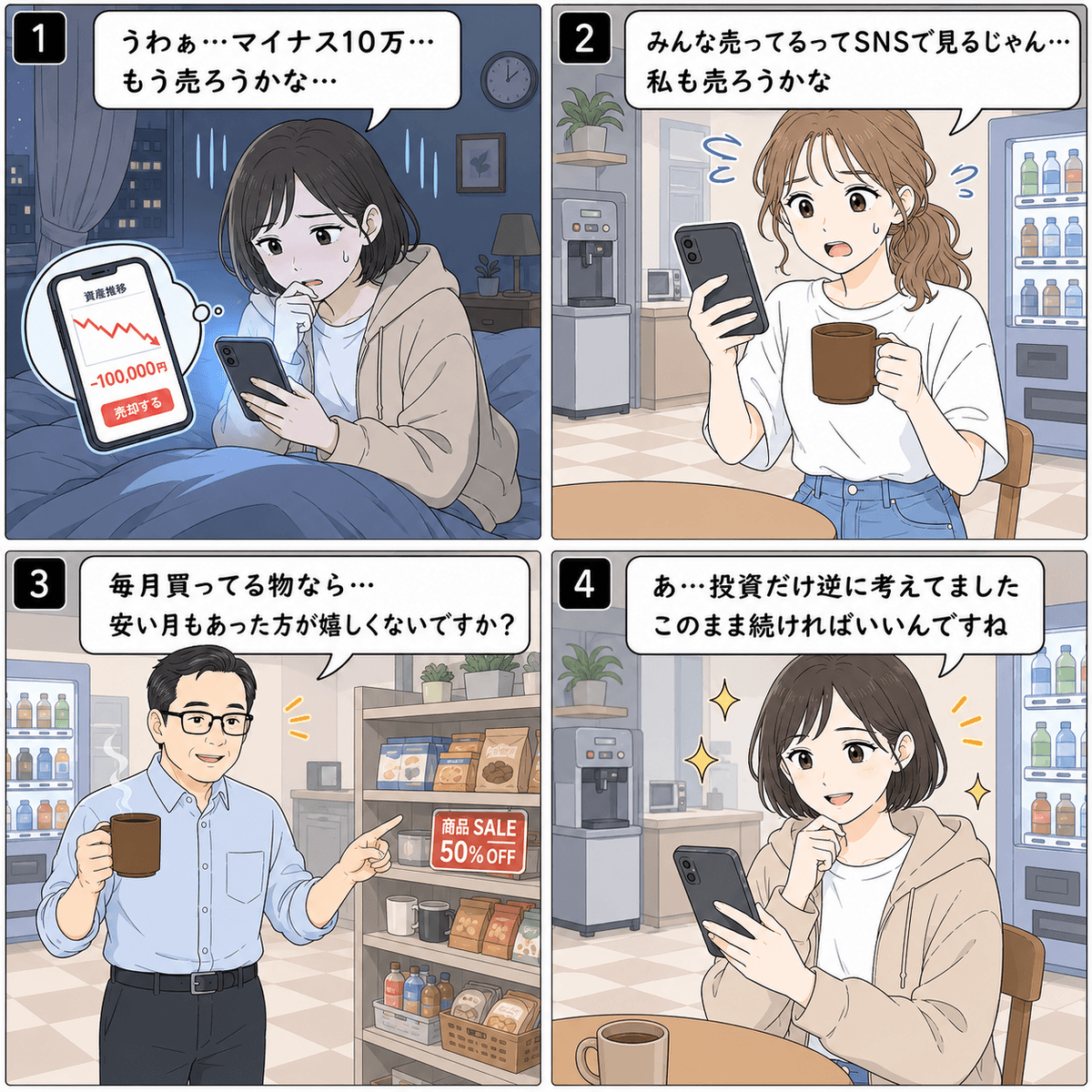 4コマ漫画「暴落で焦る」。コマ1（立花ユキ）「うわぁ…マイナス10万… もう売ろうかな…」 / コマ2（鈴木アヤ）「みんな売ってるってSNSで見るじゃん… 私も売ろうかな」 / コマ3（田島ヒロシ）「毎月買ってる物なら… 安い月もあった方が嬉しくないですか？」 / コマ4（立花ユキ）「あ…投資だけ逆に考えてました このまま続ければいいんですね」