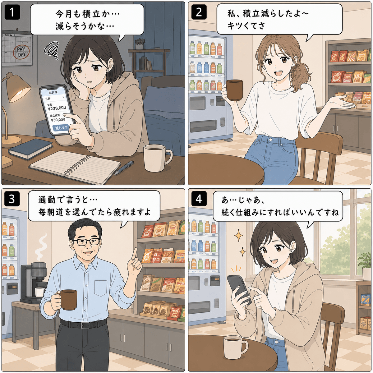 4コマ漫画「積立やめたくなる」。コマ1（立花ユキ）「今月も積立か… 減らそうかな…」 / コマ2（鈴木アヤ）「私、積立減らしたよ〜 キツくてさ」 / コマ3（田島ヒロシ）「通勤で言うと… 毎朝道を選んでたら疲れますよ」 / コマ4（立花ユキ）「あ…じゃあ、 続く仕組みにすればいいんですね」
