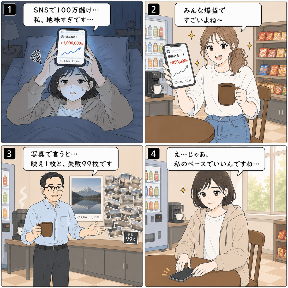 4コマ漫画「SNSの爆益報告で病む」。コマ1（立花ユキ）「SNSで100万儲け… 私、地味すぎです…」 / コマ2（鈴木アヤ）「みんな爆益で すごいよね〜」 / コマ3（田島ヒロシ）「写真で言うと… 映え1枚と、失敗99枚です」 / コマ4（立花ユキ）「え…じゃあ、 私のペースでいいんですね…」