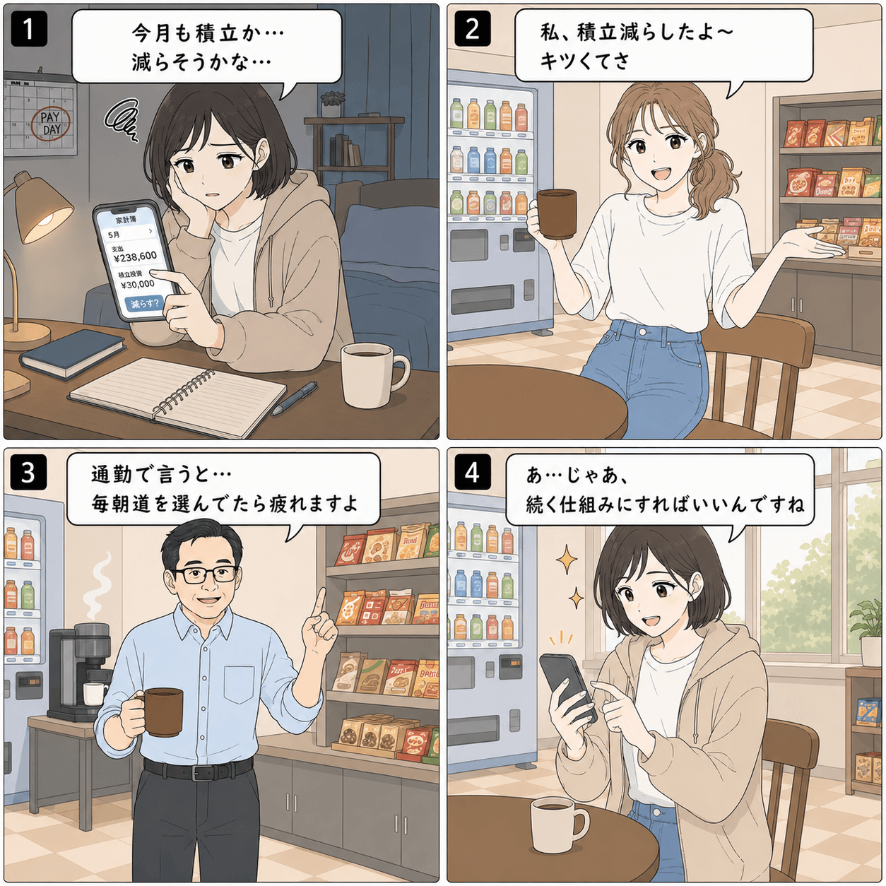 4コマ漫画「積立やめたくなる」。コマ1(立花ユキ)「今月も積立か… 減らそうかな…」 / コマ2(鈴木アヤ)「私、積立減らしたよ〜 キツくてさ」 / コマ3(田島ヒロシ)「通勤で言うと… 毎朝道を選んでたら疲れますよ」 / コマ4(立花ユキ)「あ…じゃあ、 続く仕組みにすればいいんですね」