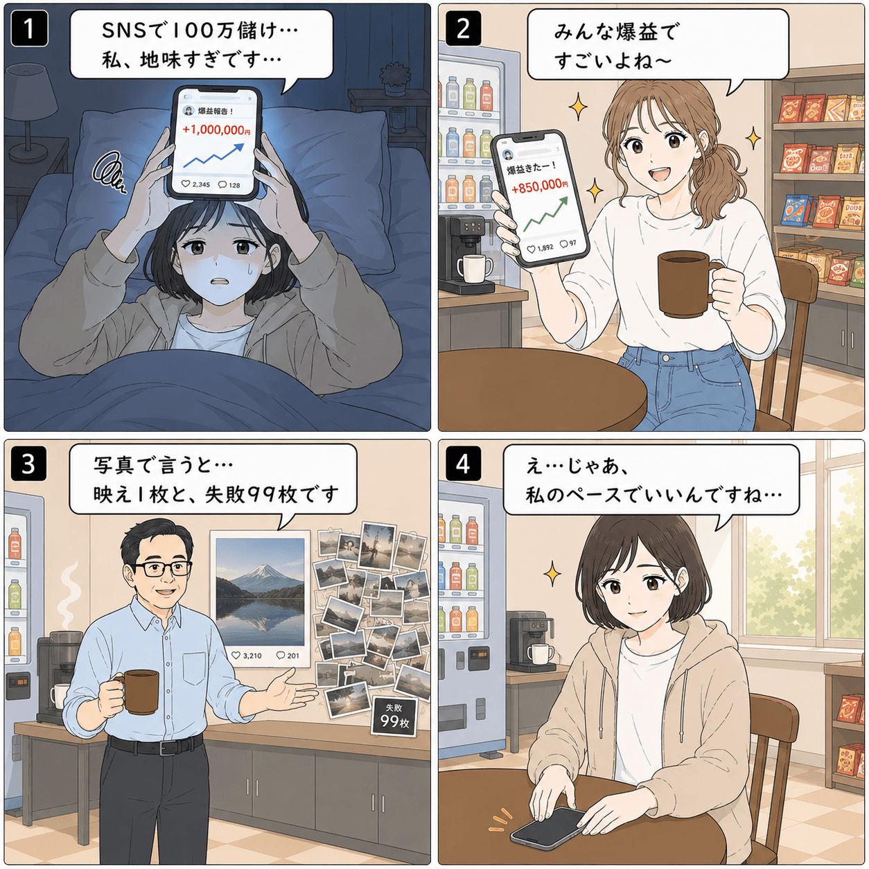 4コマ漫画「SNSの爆益報告で病む」。コマ1(立花ユキ)「SNSで100万儲け… 私、地味すぎです…」 / コマ2(鈴木アヤ)「みんな爆益で すごいよね〜」 / コマ3(田島ヒロシ)「写真で言うと… 映え1枚と、失敗99枚です」 / コマ4(立花ユキ)「え…じゃあ、 私のペースでいいんですね…」